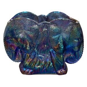 Summit Art Glass Elephant Toothpick Holder Blue Carnival Iridescent Stickered